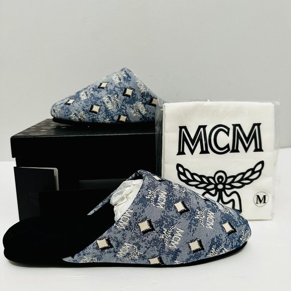 COPY - NEW IN BOX MCM SIGNATURE MONOGRAM PRINT SLIPPERS MEDIUM $285 - Picture 1 of 8